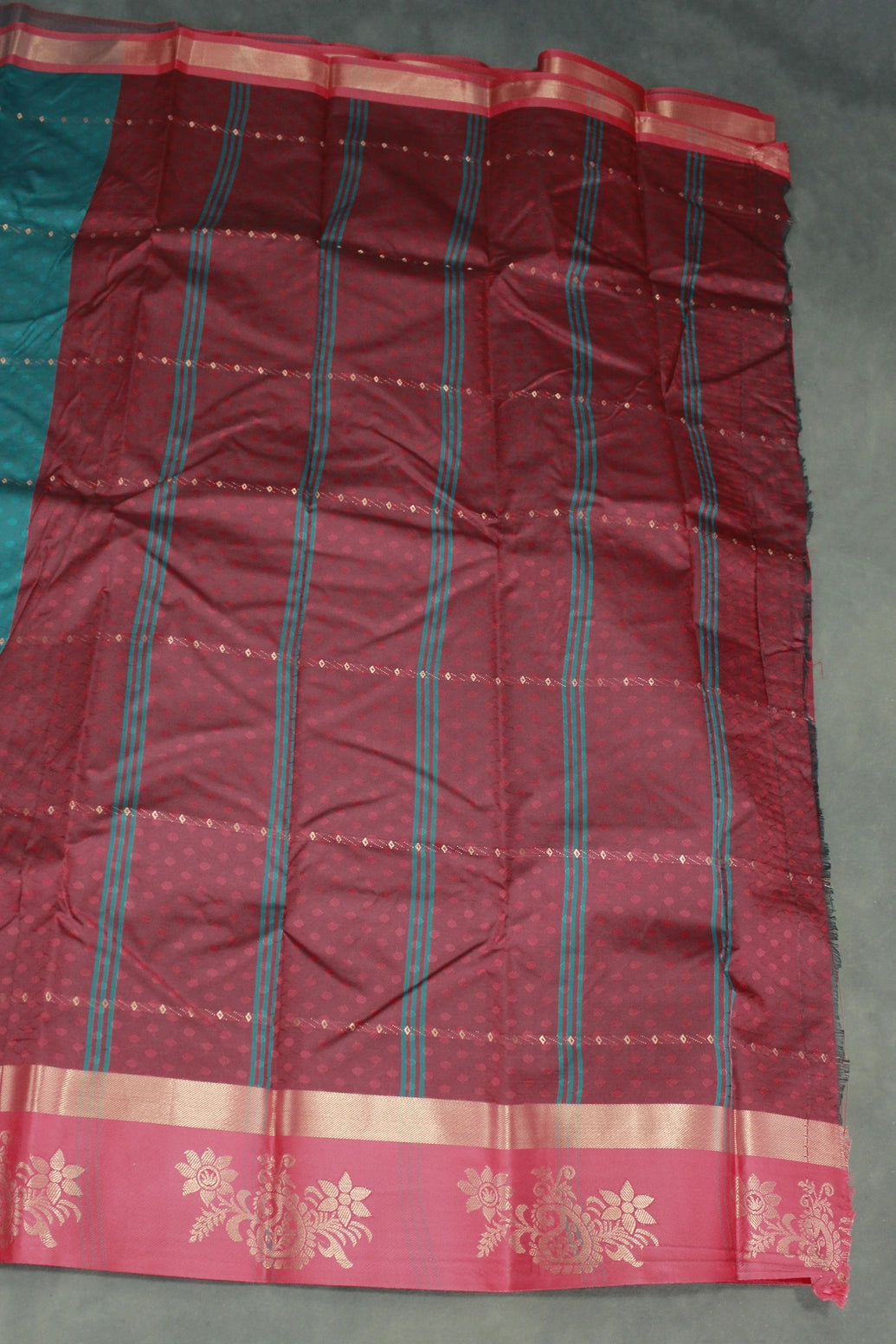 Forest Green Embossed Semi Silk Saree with Floral Design Satin Border and Blouse