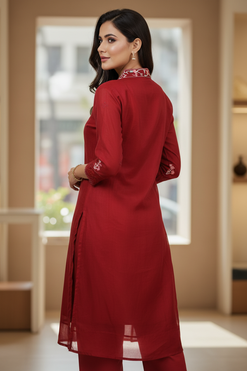 Maroon Organza 3-Piece Salwar Set with Khatli Work Kurti, Roman Silk Bottom and Border Work Dupatta
