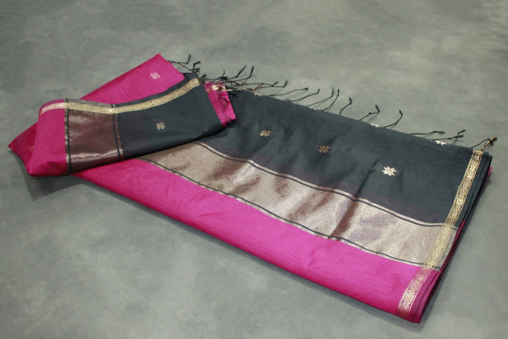 Purple Maheswari Silk Cotton Saree with Small Butta & Zari Border, Blouse Piece