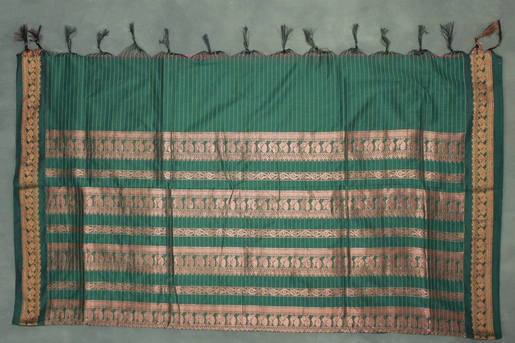 Onion Pink Cotton Kalyani Saree with Zari Checked Border and Zari Peacock Border, Blouse Included
