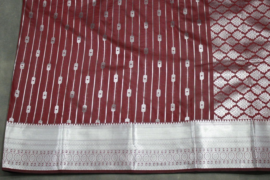 Bridal Vaira Oosi Soft Silk Saree with Silver Zari Border and Blouse, Brown Semi Silk Wedding Saree