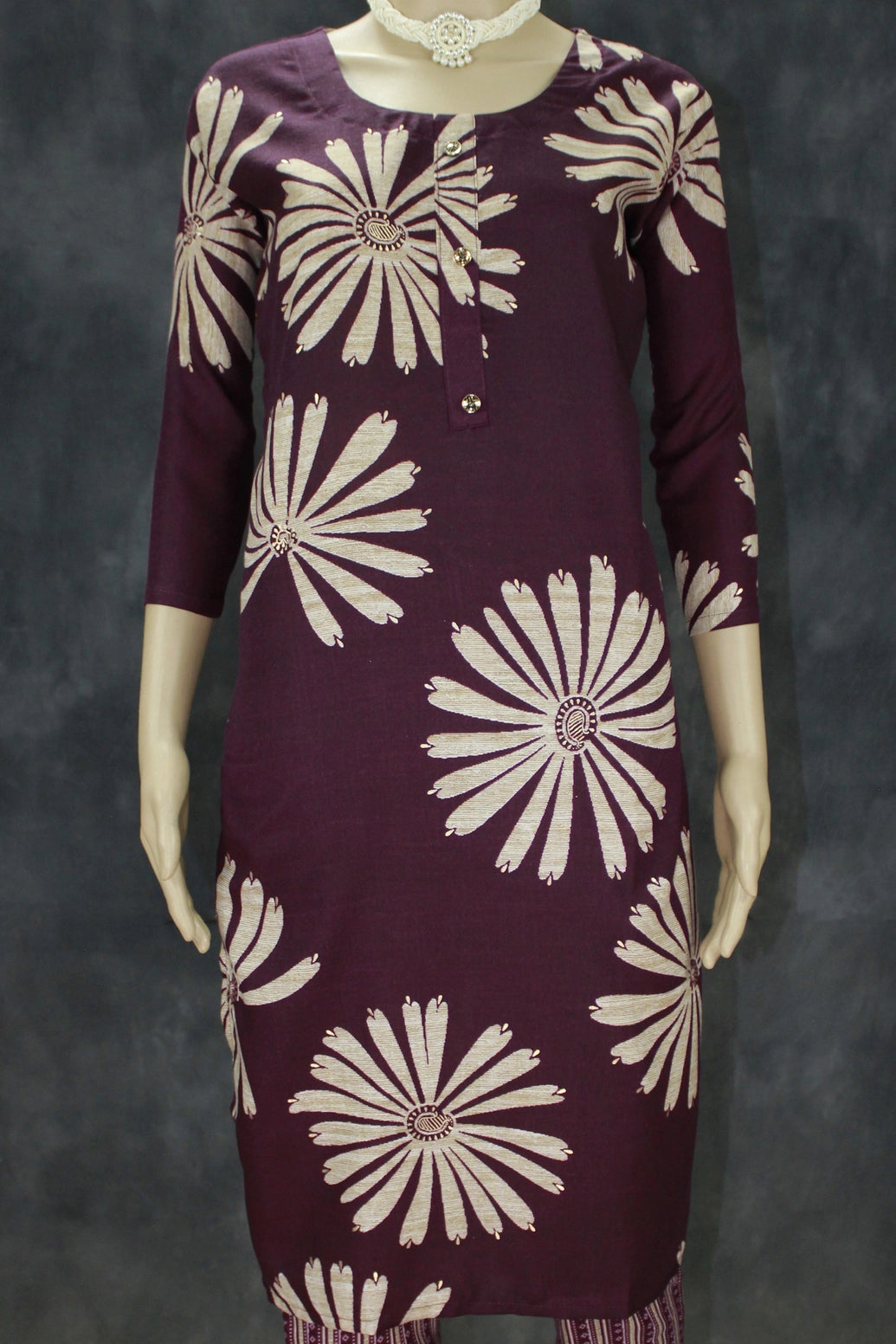 Dark Purple Floral Printed Kurta Set with Striped Elastic Pants - 2 Piece Rayon-Cotton Kurti Pajama for Casual Ethnic Wear