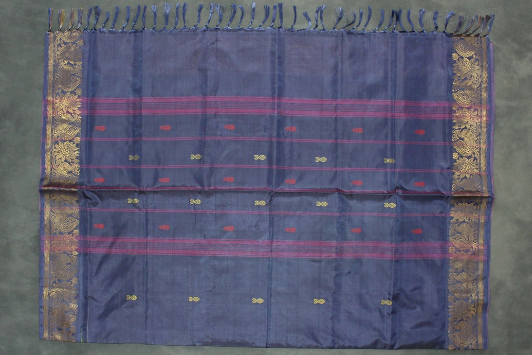Vaazhai Naar (Banana Pith) Saree in Navy Blue and Orange with Zari Design Border, Full-Body Buttas and Blouse Piece