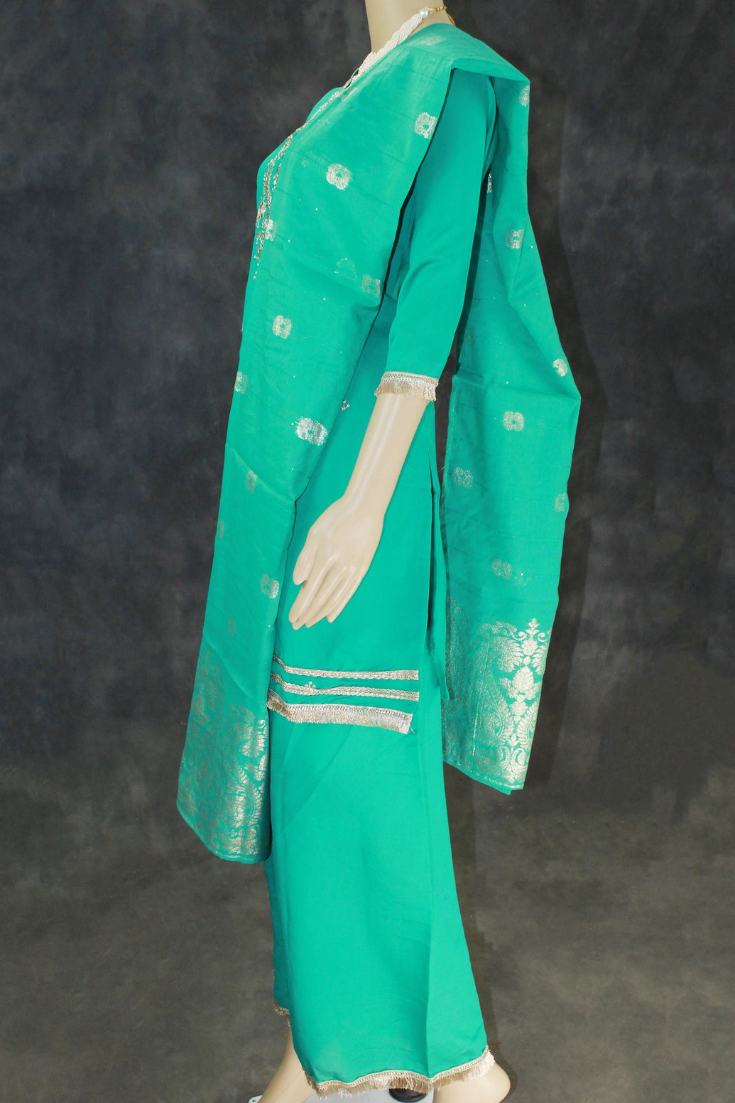 Rama Green Roman Silk Kurti with Palazzo & Banarasi Dupatta, Beaded Embroidery 3-Piece Set