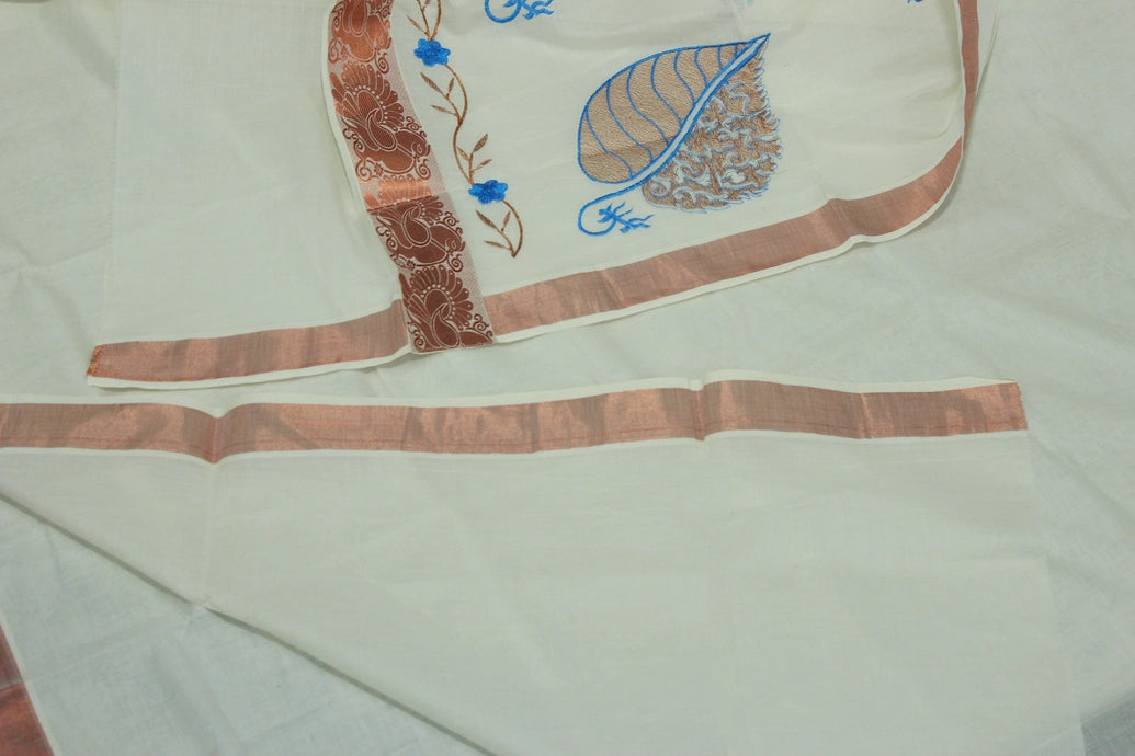 Pure Kerala Cotton White Saree with Copper Zari Border, Peacock Floral Embroidery and Blouse Piece