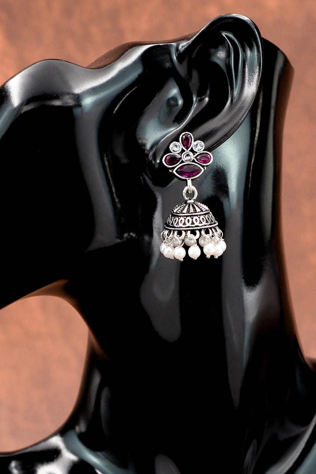 Purple Stone Floral Jhumka Earrings - Oxidised Silver-Tone Fashion Jewellery, 1.5 inch, For Indian Ethnic Wear Jewelry JCS Fashions