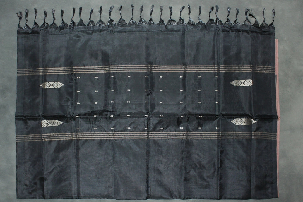 Black Vaazhai Naar (Banana Pith) Borderless Saree with Small Butta Motifs, Tasseled Pallu