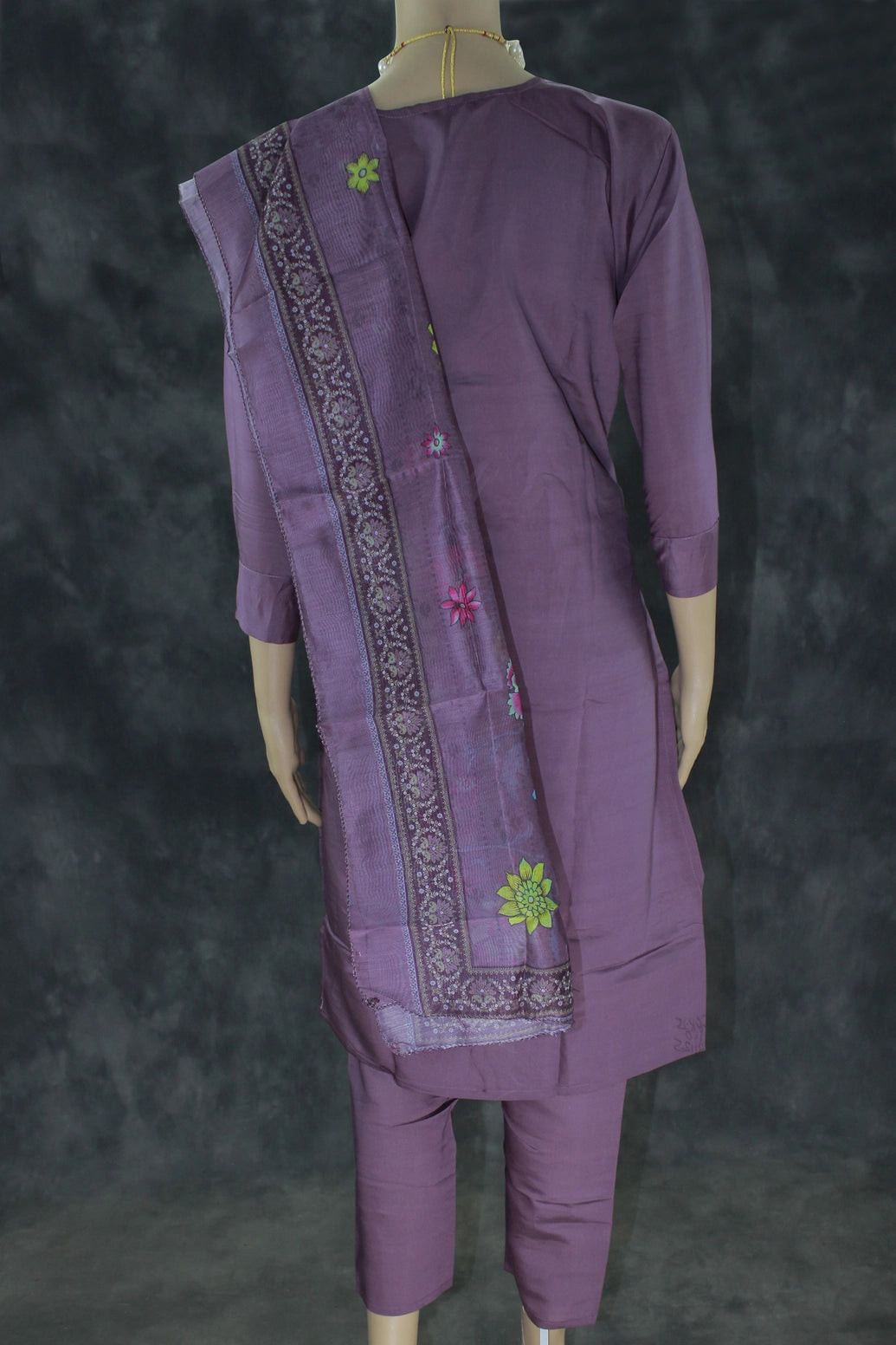 Purple Roman Silk 3-Piece Embroidered Kurti Set with Bead Handwork, Elastic Pants & Digital Dupatta Kurti JCS Fashions