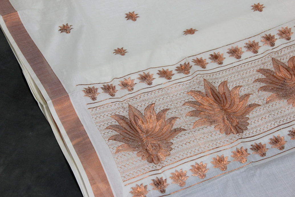 Pure Kerala Cotton Saree with Copper Zari Peacock & Leaf Embroidery, White