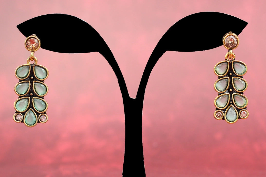 Mint Green Teardrop Leaf Gold-Tone Dangle Earrings — Traditional Ethnic Fashion Jewellery Jewelry JCS Fashions