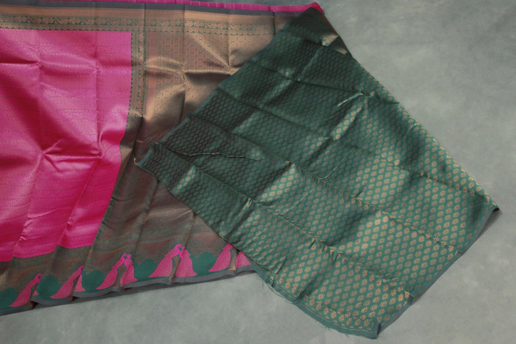 Magenta Pink Kubera Silk Saree with Peacock Design Border and Contrast Pallu for Women