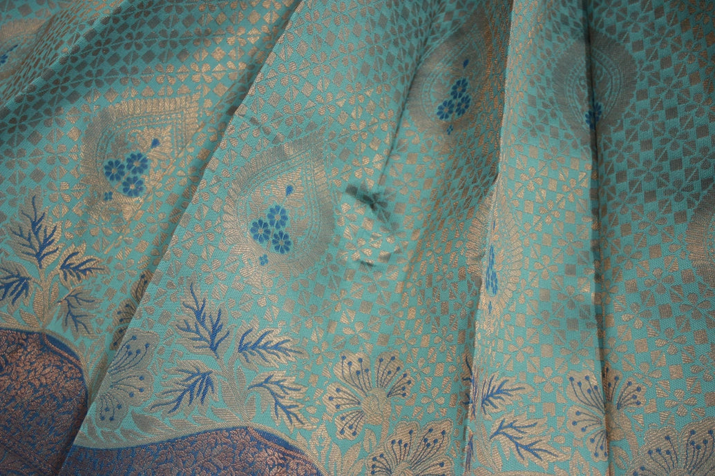 Kubera Pattu Saree Pastel Blue & Navy Blue Semi Silk with Design Border and Blouse