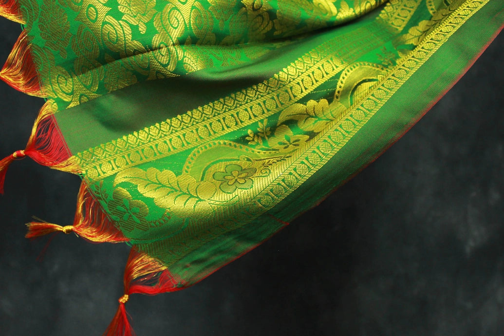 Green Zari Pattu Shawl with Traditional Border and Tassels for Pooja, Events and Functions