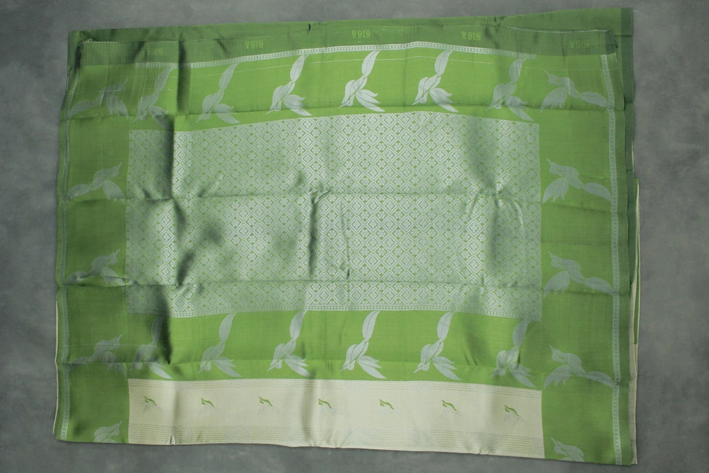 Beige & Green Kubera Silk Pattu Saree with Zari Border and Bird Design Blouse