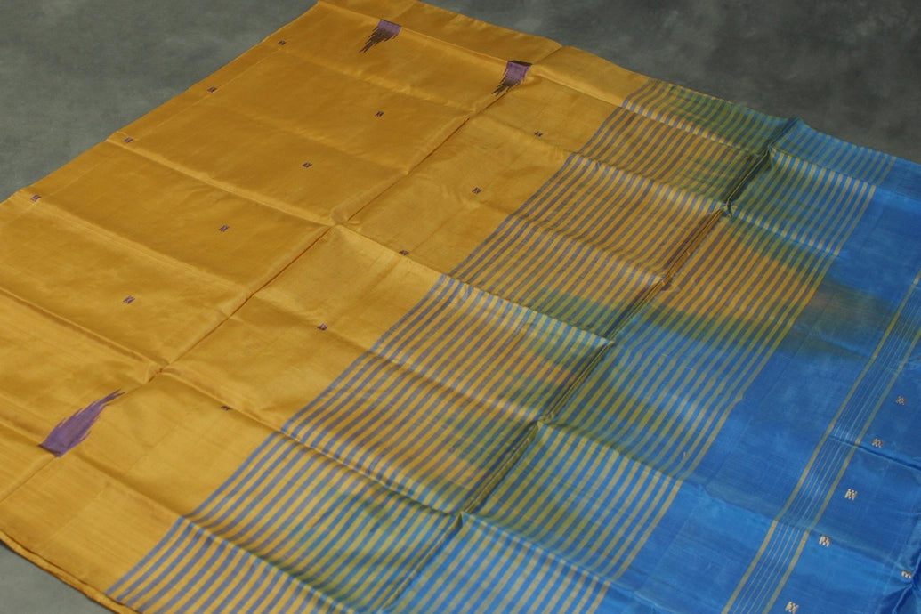 Blue & Mustard Vaazhai Naar (Banana Pith) Saree with Small Butta Allover, Borderless Design, Striped Pallu
