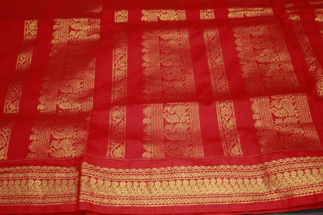 Tomato Red Kalyani Cotton Saree with Putta Design and Zari Border Saree with Blouse