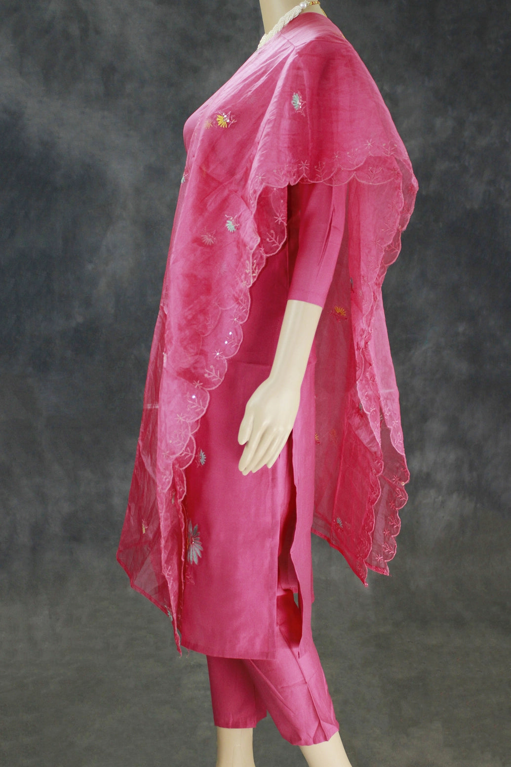 Deep Pink Roman Silk 3-Piece Kurti Set with Chiffon Dupatta & Embroidered Beaded Neck, Elastic Pant