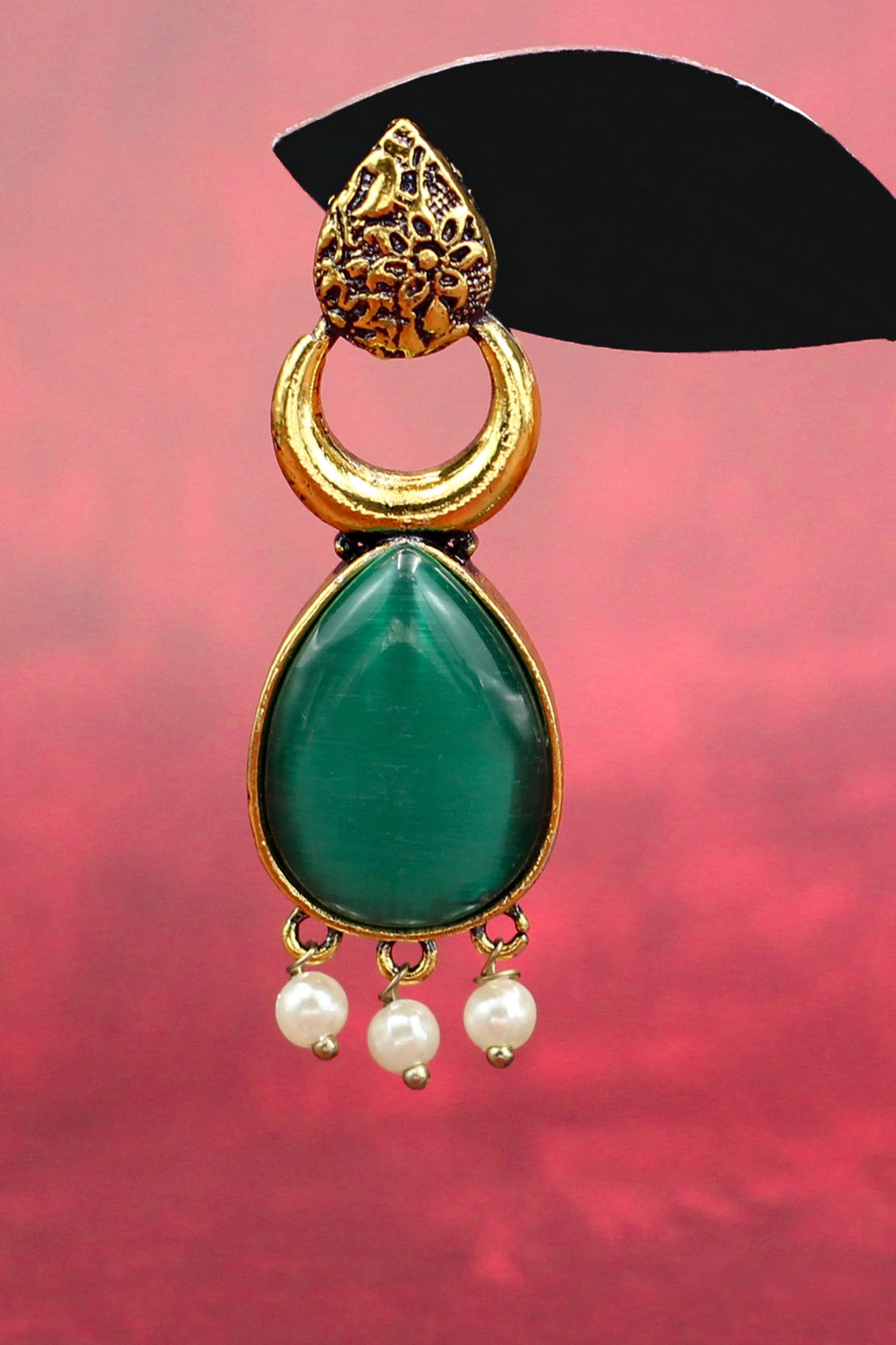 Gold-Tone Green Teardrop Earrings with Pearl Drops — Ethnic Fashion Jewellery Jewelry JCS Fashions