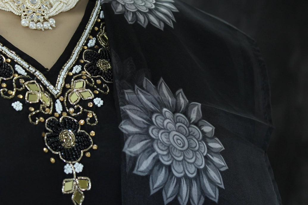 Black Silk 3-Piece Pakistani Salwar Suit with Embroidered V-Neck and Organza Dupatta