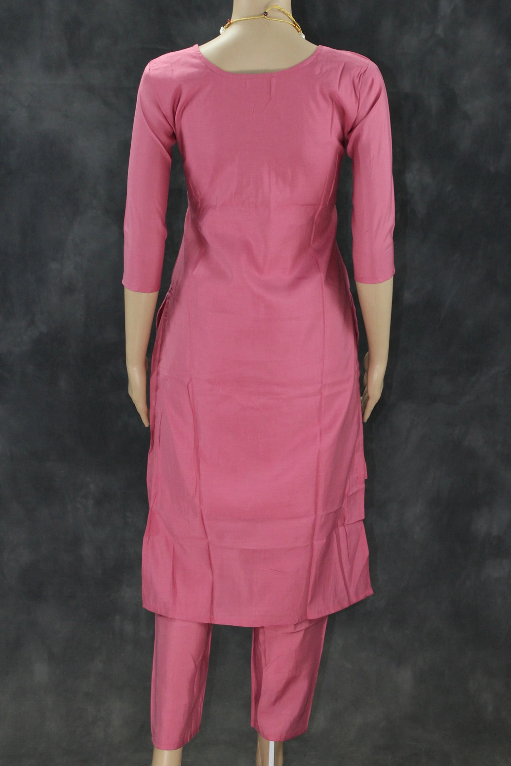 Soft Pink Roman Silk 3-Piece Salwar Kameez Set with Aari & Pearl Neck Embroidery and Organza Digital Dupatta Kurti JCS Fashions