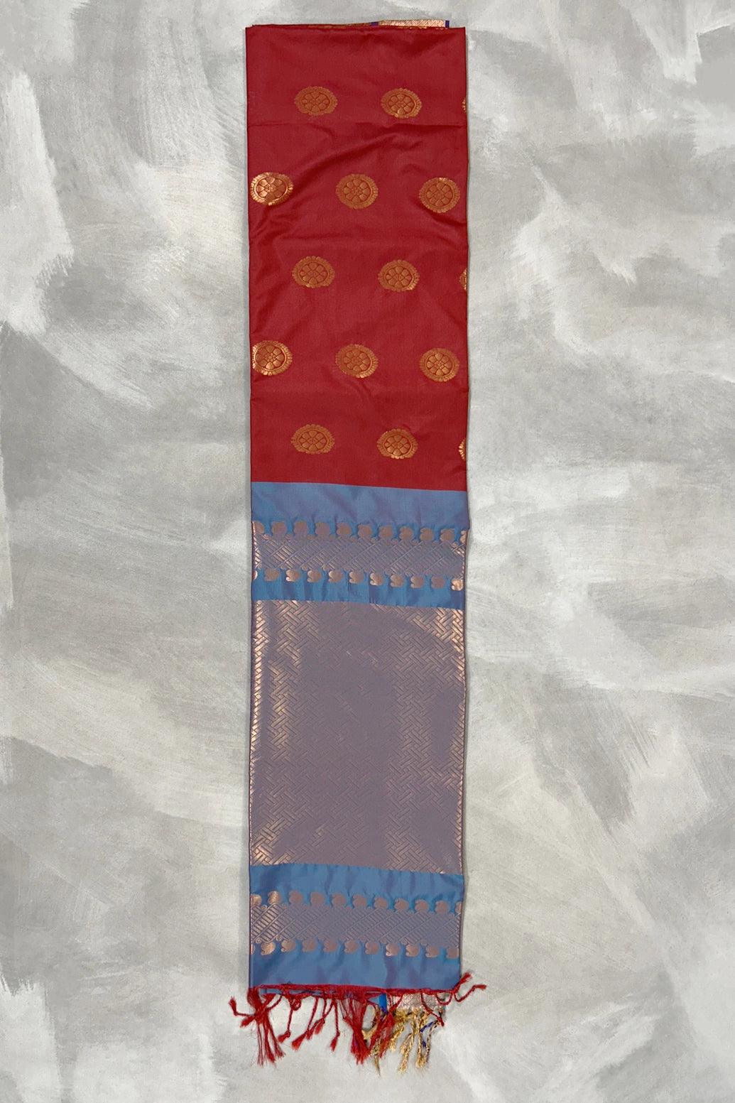 Red Soft Silk Saree with Delicate Gold Zari Buttas and Traditional Floral Border