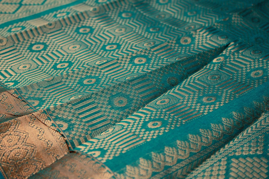 Teal Green Silk Cotton Saree with Beautiful Zari Border and Blouse Piece