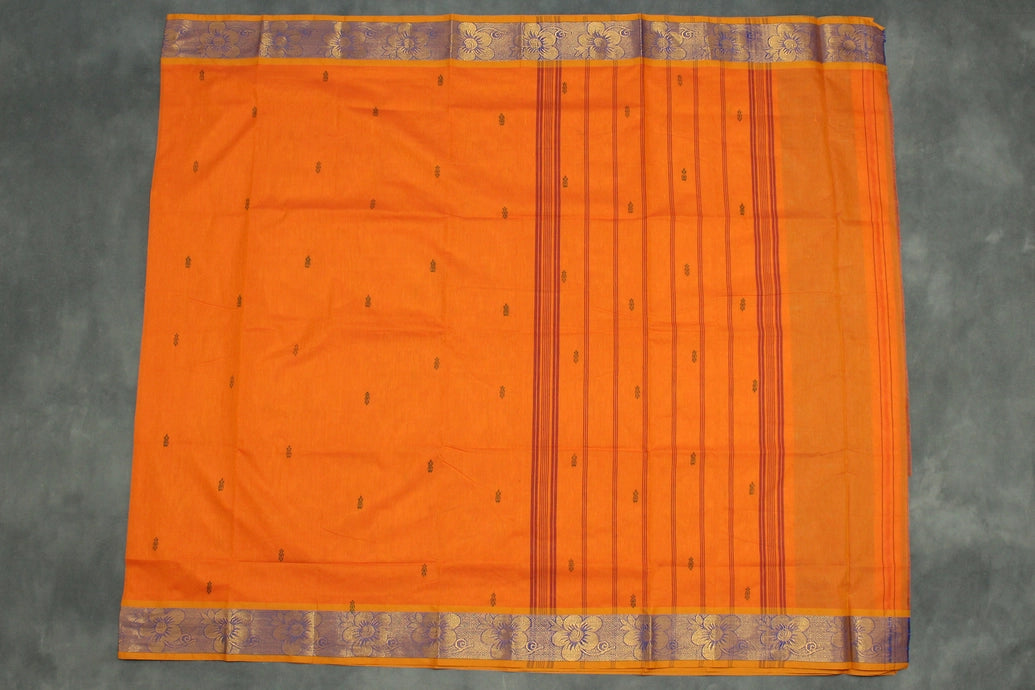 Orange Poly Cotton Saree with Zari Floral Border and Buttas Saree JCS Fashions