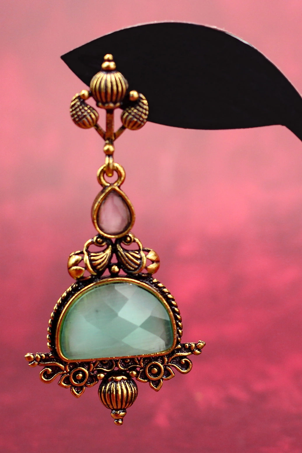 Mint Green Faceted Stone Dangler Earrings - Antique Gold-Tone 2.6 inch Jewelry JCS Fashions