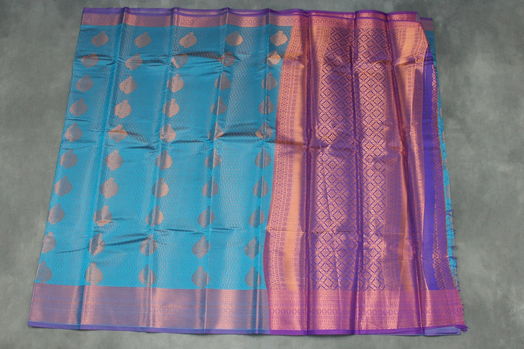 Blue Bridal Kanjivaram Style Pattu Saree with Full Body Zari Work and Contrast Border