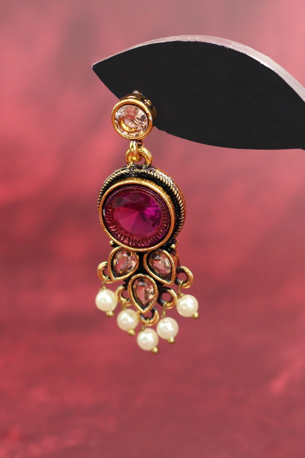 Purple Stone Pearl Drop Earrings - Gold-Tone Antique Finish Ethnic Fashion Jewellery Jewelry JCS Fashions