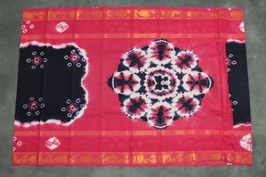 Navy Blue & Pink Sungudi Cotton Bandhani Saree with Golden Zari Border and Instrument Motifs Saree JCS Fashions