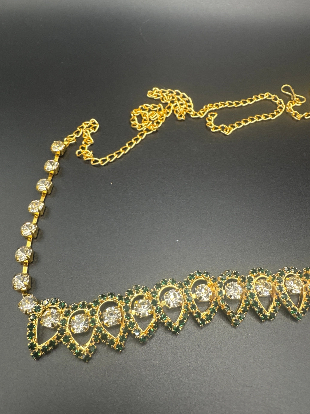 Gold-Tone Green Stone Hip Chain with Clear Round Stones and Teardrop Scalloped Design Jewelry JCS Fashions