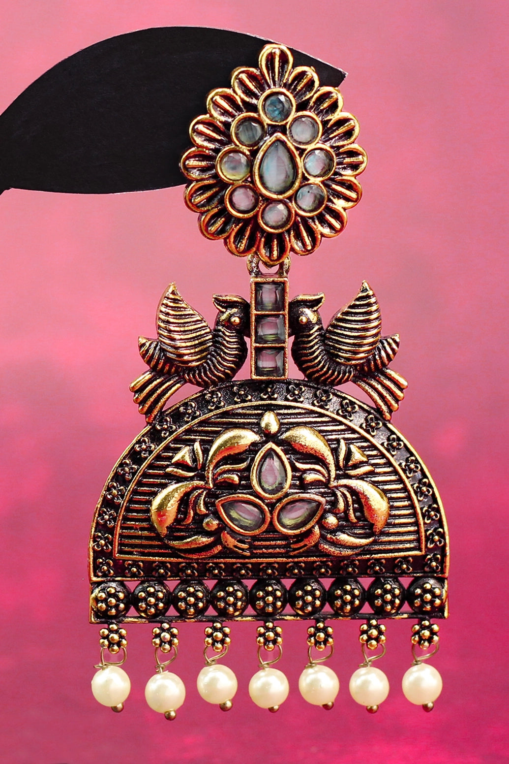 Antique Gold-Tone Sea Blue Jhumka Earrings with Pearl Drops - 3 inch Jewelry JCS Fashions