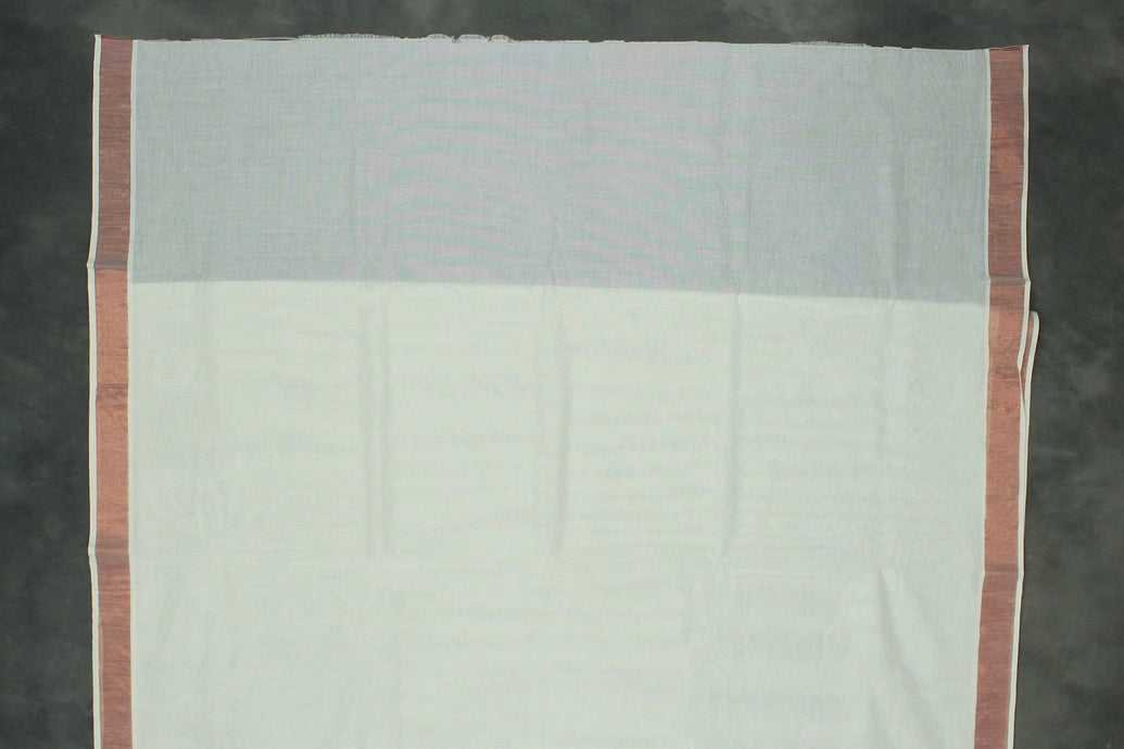 White Kerala Cotton Saree with Copper Zari Peacock Embroidery and Copper Border