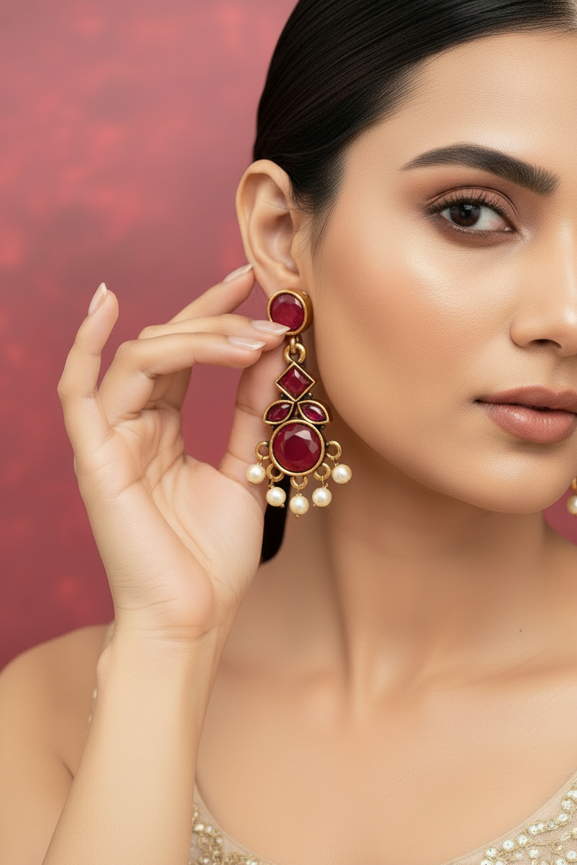 Maroon Gold-Tone Kundan-Style Pearl Drop Earrings
