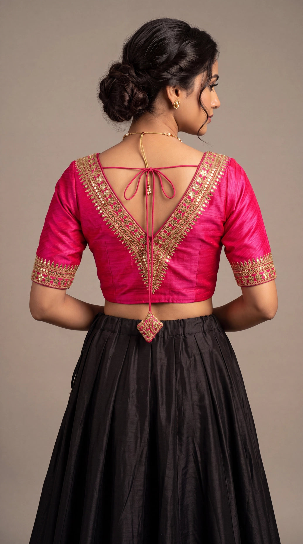 Pink Readymade Designer Padded Blouse with V-Neck Gold Zari & Sequin Work, Elbow Sleeves, Back Knot