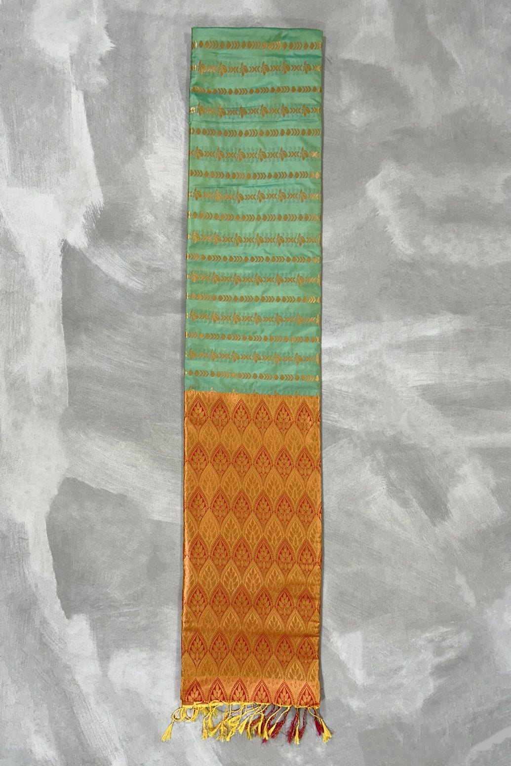 Sea Green Korvai Soft Silk Saree with Gold Zari Buttas and Traditional Floral Border, with Blouse