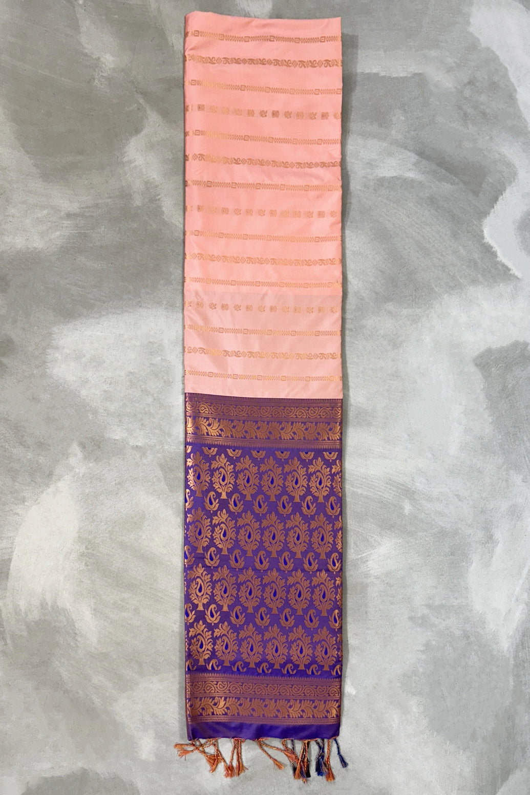 Peach Semi Soft Silk Saree with Contrast Border and Delicate Gold Zari Buttas