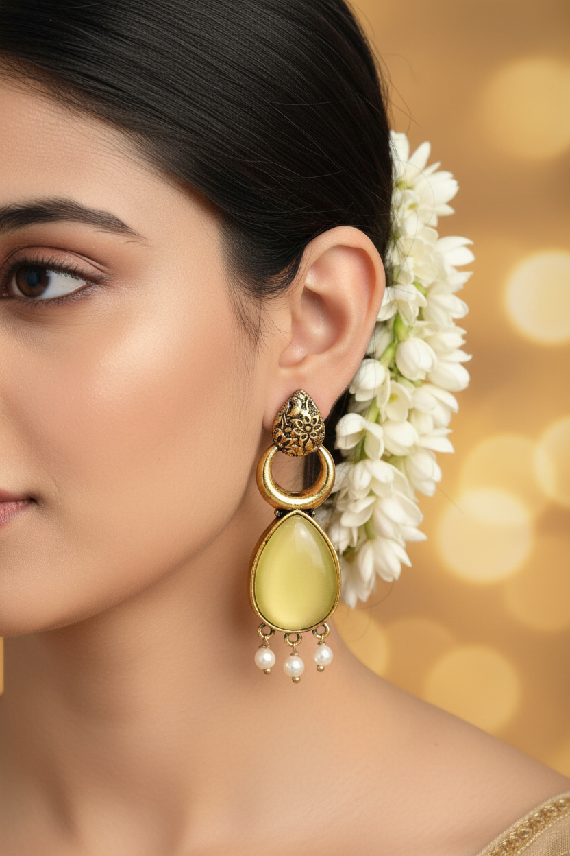 Gold-Tone Teardrop Earrings with Pearl Drops - Ethnic Fashion Earrings