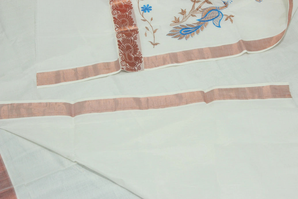 Pure Kerala Cotton White Saree with Copper Zari Peacock Embroidery
