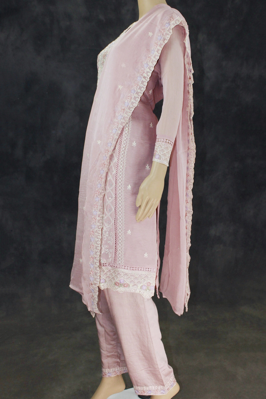 Light Onion Pink 3-Piece Salwar Suit Set with Organza Chiffon Kurti, Elastic Pant & Stone Work Dupatta