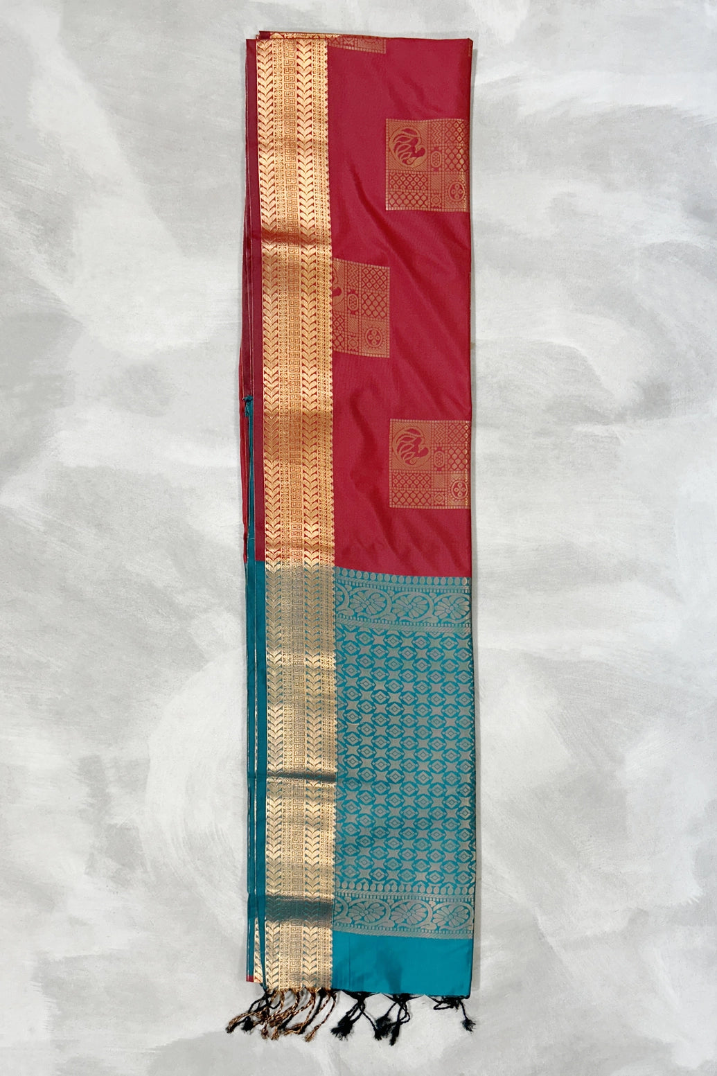 Maroon Korvai Soft Silk Saree with Delicate Gold Zari Buttas and Floral Border, Includes Blouse Piece