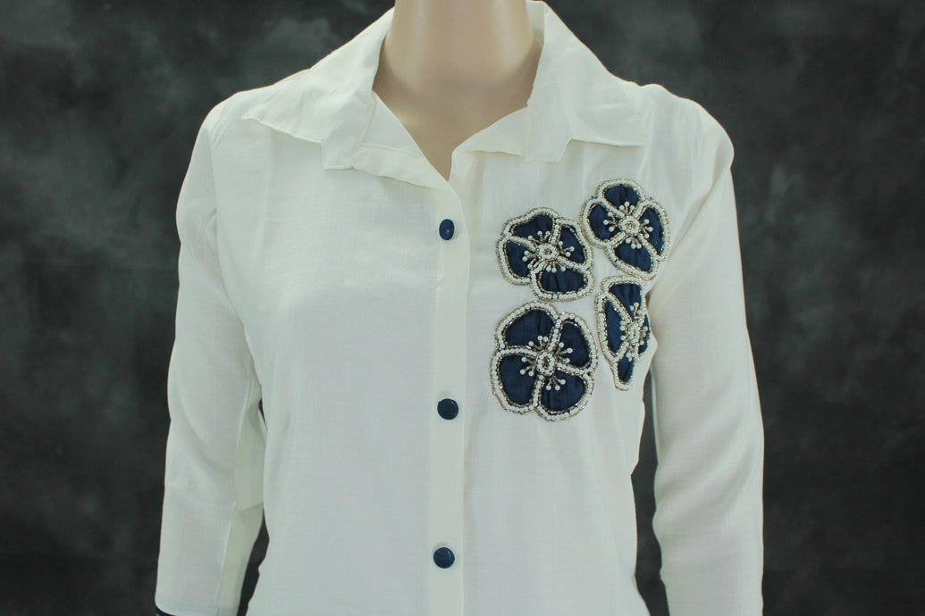 White Cotton-Rayon Embroidered Floral Kurti with Navy Pants - 2PC Set