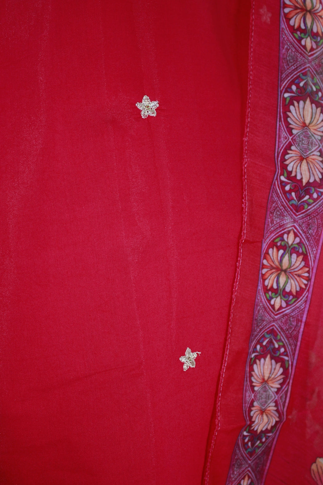 Dark Pink Roman Silk 3-Piece Kurti Set with Organza Floral Dupatta and Embroidered Neck