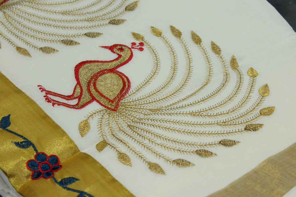 Pure Kerala Cotton White Saree with Gold Zari Peacock Embroidery and Blouse Piece