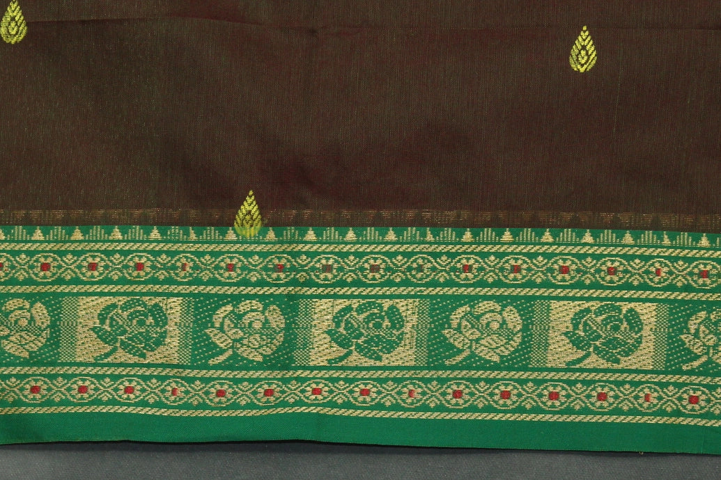 Brown & Green Printed Poly Cotton Butta Saree with Green Thread Border, Traditional Small Butta Motifs Saree JCS Fashions