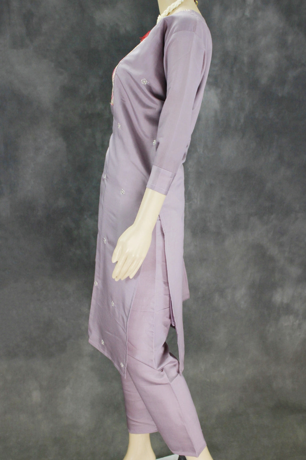 Purple Roman Silk 3-Piece Kurti Set with Elastic Pant and Organza Digital Dupatta