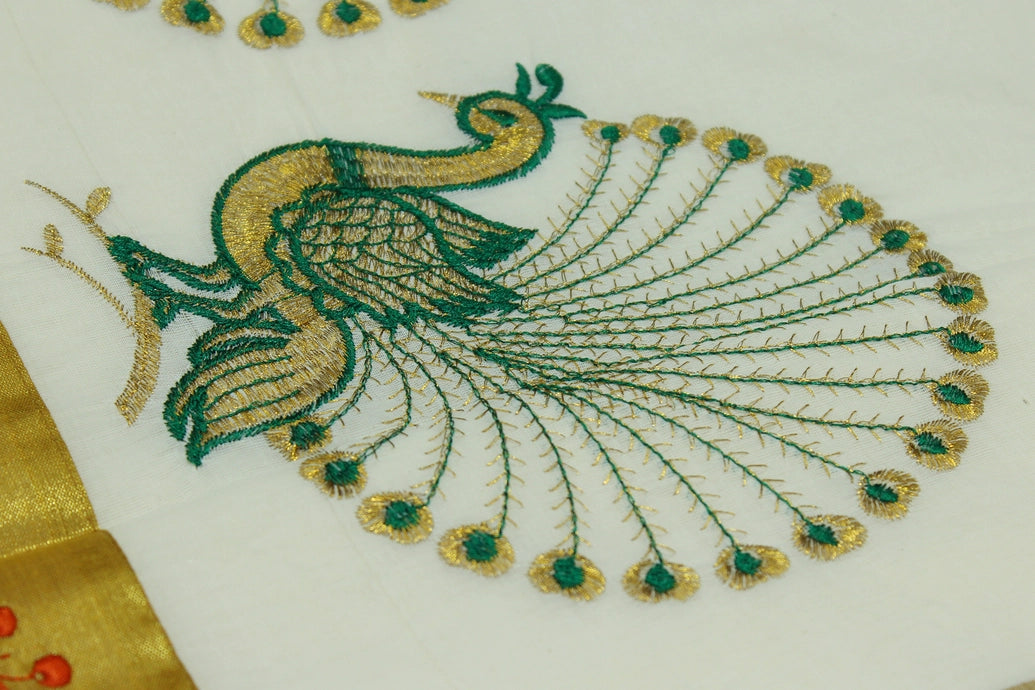 White Kerala Cotton Saree with Gold Zari and Green Peacock Thread Embroidery, Lightweight Traditional Pallu, Includes Blouse Piece