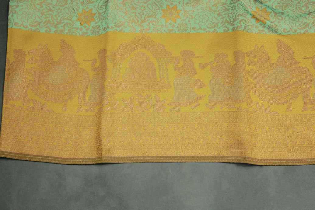 Pista Green Kubera Silk Saree with Pallakku Design Border and Blouse, Semi Silk Traditional Wear