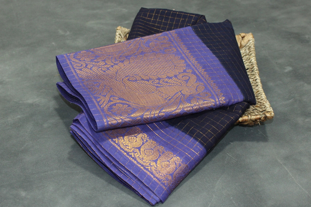 Deep Violet Sungudi Cotton Saree with Peacock Gold Zari Double Border Saree JCS Fashions